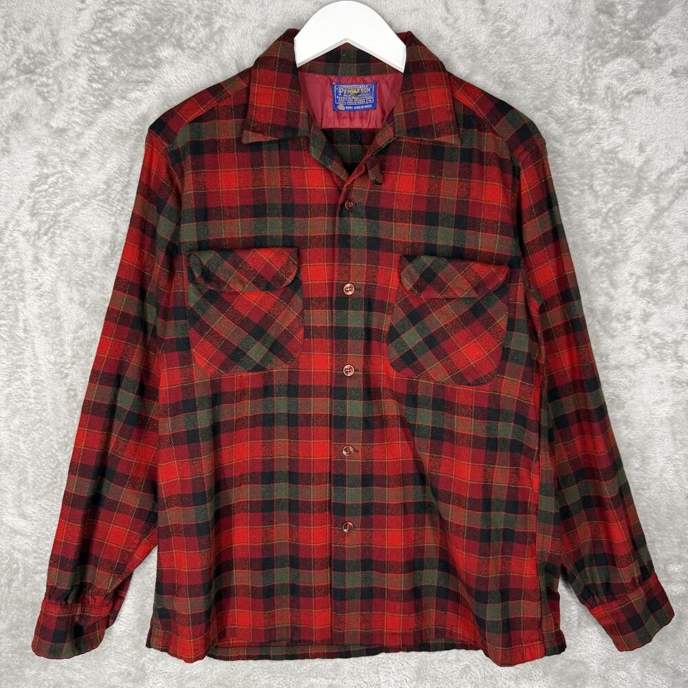 Vtg 70s Pendleton Board Shirt Mends Medium Tartan Plaid Virgin Wool Loop Collar